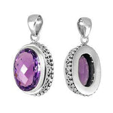 Handmade sterling silver oval pendant with faceted Amethyst Quartz, artisan crafted in Bali
